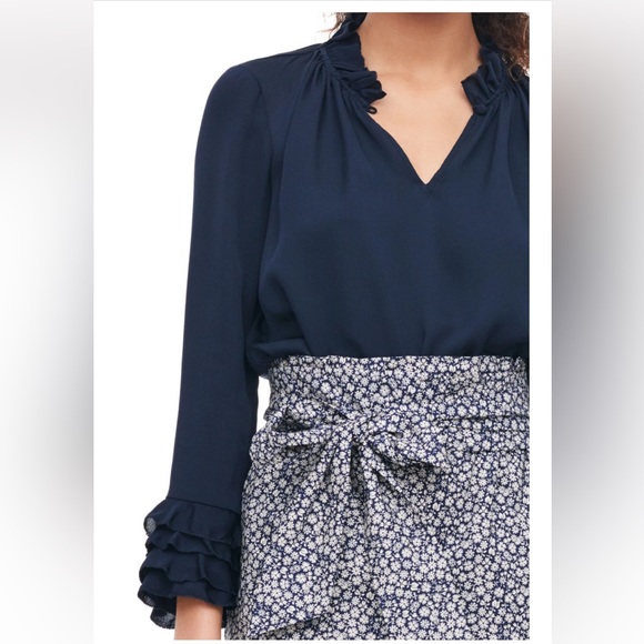 Rebecca Taylor Silk Double Georgette Ruffle Top in Navy size 12 - Picture 3 of 16